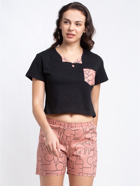 

Boston Club Women Peach-Coloured & Black Printed Night suit