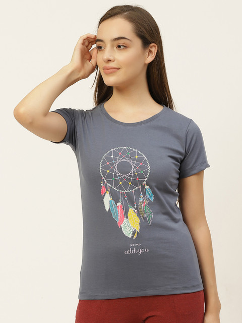 

MRASIS Women Charcoal Grey Cotton Dream Catcher Print Lounge T-shirt