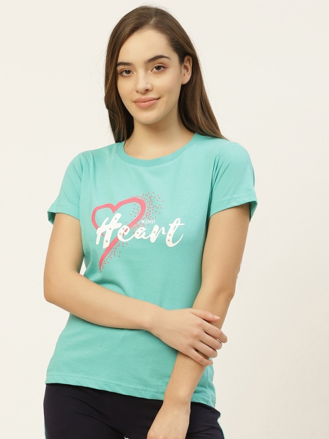 

MRASIS Women Sea Green Cotton Heart Print Lounge T-shirt