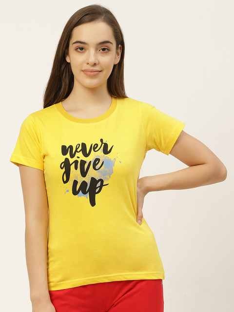

MRASIS Women Yellow & Black Cotton Printed Lounge T-shirt
