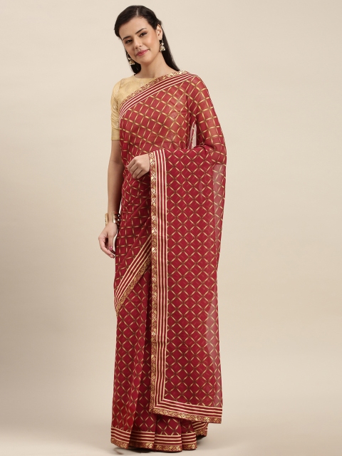 

Soch Maroon & Gold-Toned Poly Georgette Printed Saree