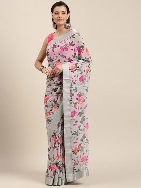 

Soch Grey & Orange Poly Georgette Floral Printed Saree