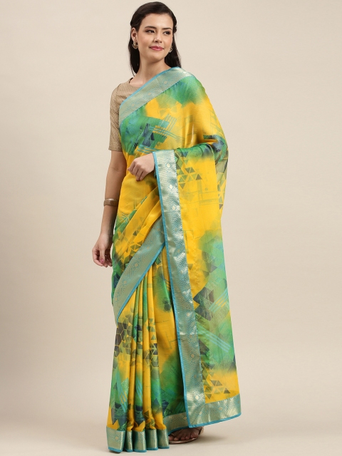 

Soch Mustard Yellow & Green Poly Georgette Abstract Printed Saree