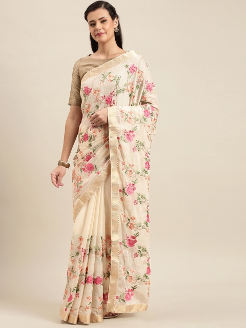 

Soch Cream-Coloured & Pink Pure Georgette Floral Embroidered Saree