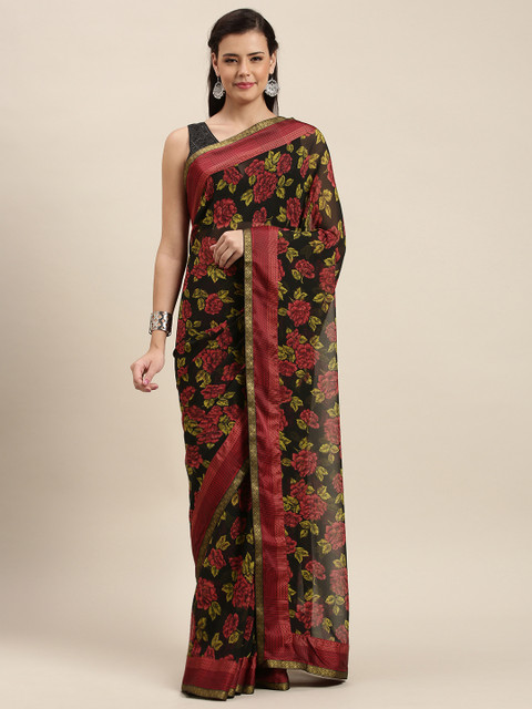 

Soch Black & Red Poly Georgette Floral Printed Saree