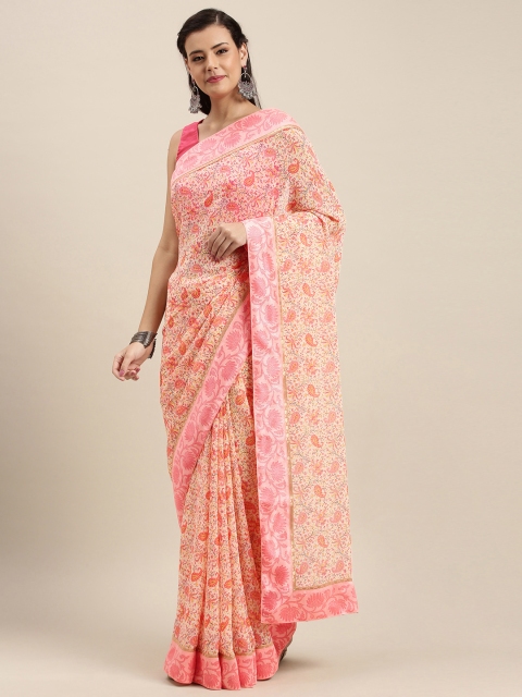 

Soch Cream-Coloured & Pink Poly Georgette Printed Saree