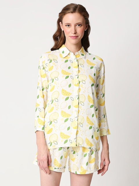 

Bewakoof Women White & Yellow Printed Cotton Night Suit