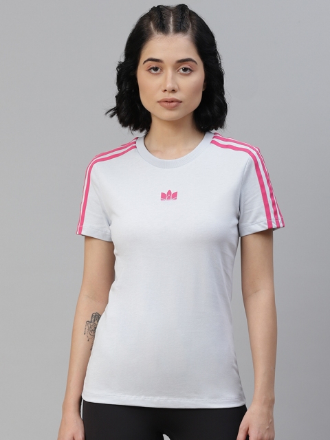 

ADIDAS Originals Women Blue Brand Logo Printed Slim Fit Pure Cotton T-shirt