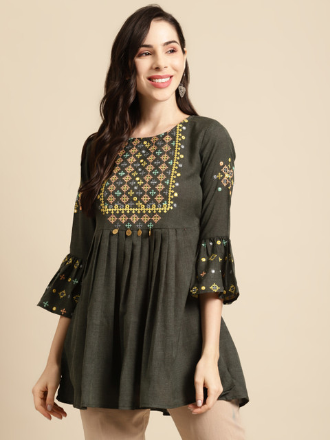

RANGMAYEE Charcoal Grey Embroidered A-Line Tunic