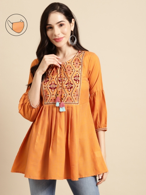 

RANGMAYEE Orange Ethnic Motifs Embroidered Pleated Tunic with Mask