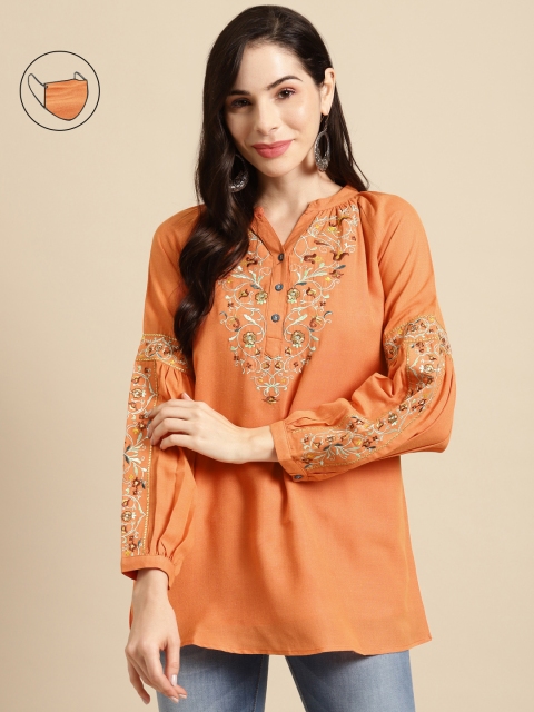 

RANGMAYEE Coral Orange & Green Viscose Rayon Mandarin Collar Embroidered Tunic