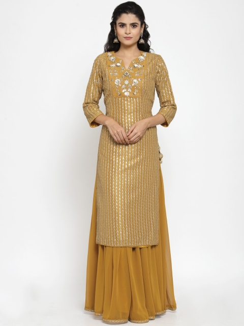 

KHALOM Women Mustard Embroidered Kurta with Skirt & Dupatta