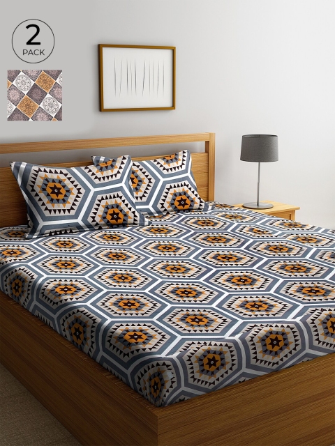 

KLOTTHE Grey & White Geometric 210 TC Cotton 2 King Bedsheet with 4 Pillow Covers