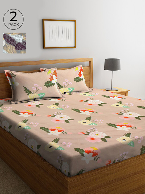 

KLOTTHE Peach-Coloured & Purple Floral 210 TC Cotton 2 King Bedsheet with 4 Pillow Covers