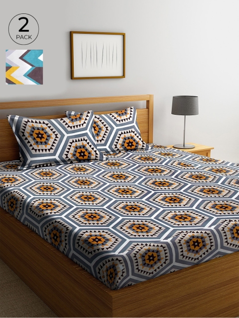 

KLOTTHE Multicoloured & Grey Geometric 210 TC Cotton 2 King Bedsheet with 4 Pillow Covers, Multi