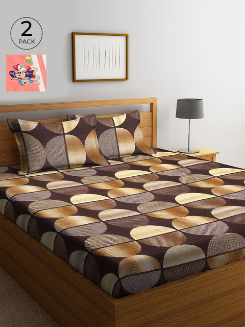 

KLOTTHE Brown & Peach-Coloured Geometric 210 TC Cotton 2 King Bedsheet with 4 Pillow Covers