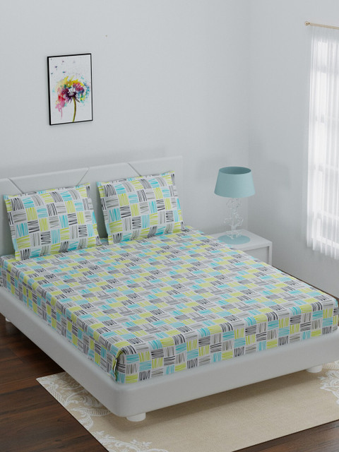 

BOMBAY DYEING Green & White Geometric 144 TC Cotton 1 Queen Bedsheet with 2 Pillow Covers