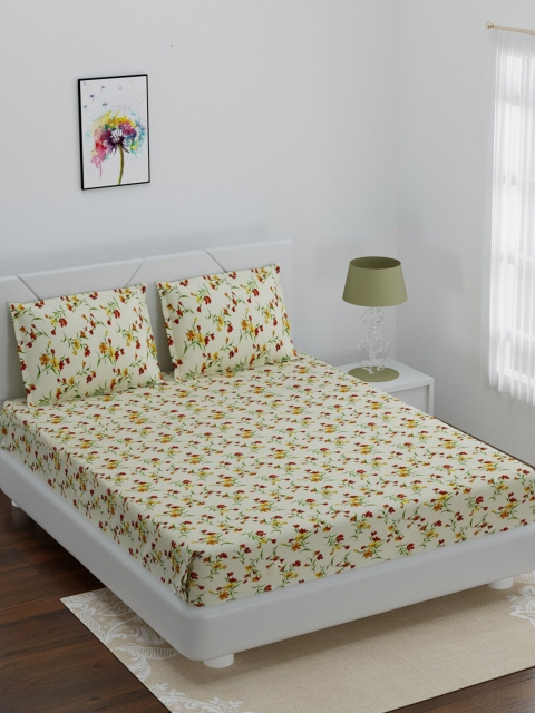 

BOMBAY DYEING Cream-Coloured & Yellow Floral 120 TC Cotton 1 Queen Bedsheet with 2 Pillow Covers