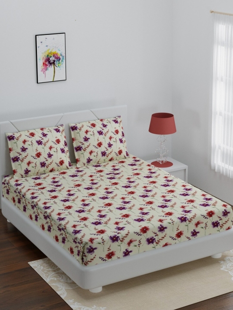 

BOMBAY DYEING Cream & Purple Floral 144 TC Cotton 1 Queen Bedsheet with 2 Pillow Covers