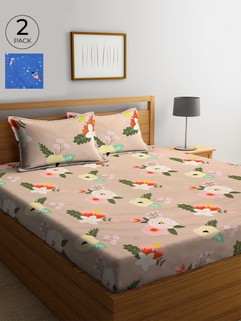 

KLOTTHE 210 TC Set of 2 Cotton King Bedsheet with 4 Pillow Covers, Beige
