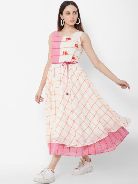 

ZOLA Women Pink & White Checked Cotton Fit and Flare Dress