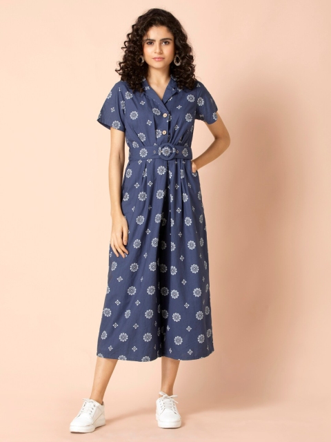 

Earthen BY INDYA Blue Boota Buckle Belted Collared Jumpsuit