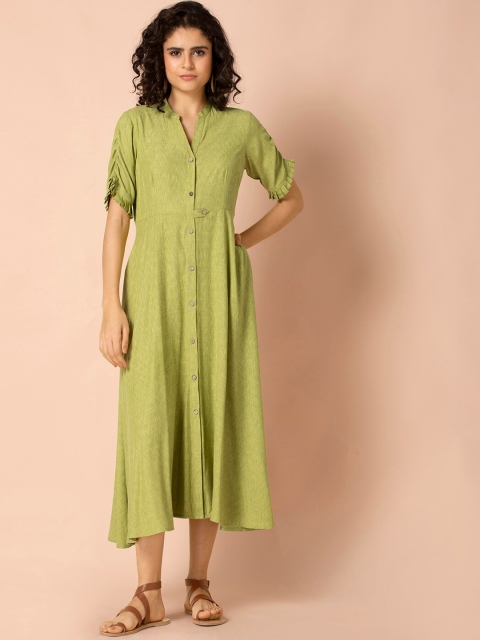 

INDYA Women Green Solid A-Line Dress