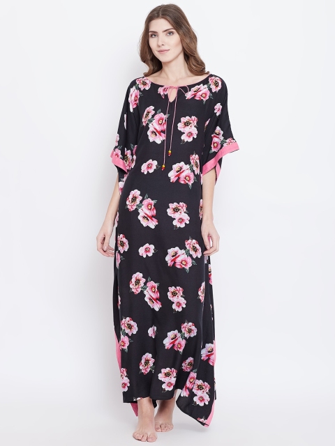 

The Kaftan Company Black & Pink Printed Nightdress