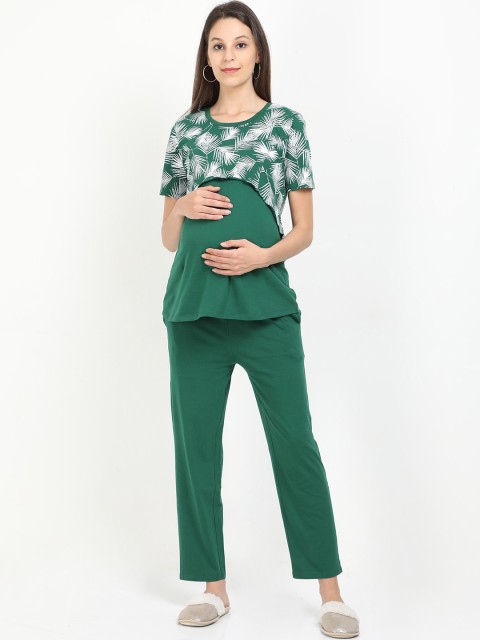 

The Mom Store Women Green & White Printed Maternity Night Suit