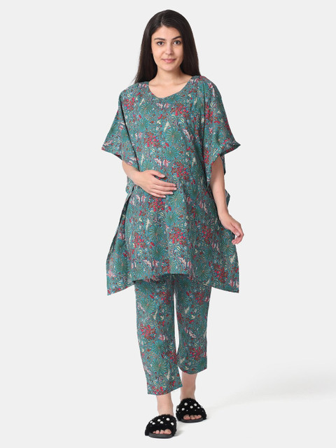 

The Mom Store Women Teal Green & Pink Printed Maternity Night suit