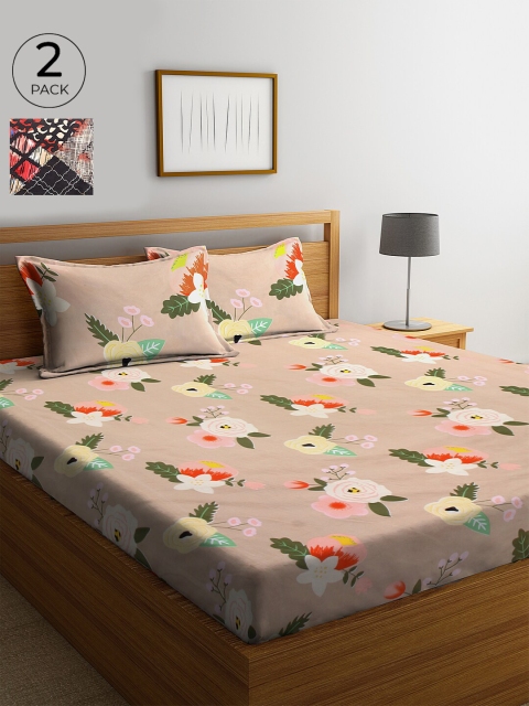 

KLOTTHE Beige & Black Floral 210 TC Cotton 2 King Bedsheet with 4 Pillow Covers