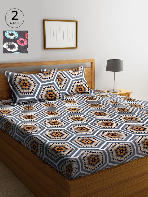 

KLOTTHE Grey Set of Geometric 210 TC Cotton 2 King Bedsheet with 4 Pillow Covers