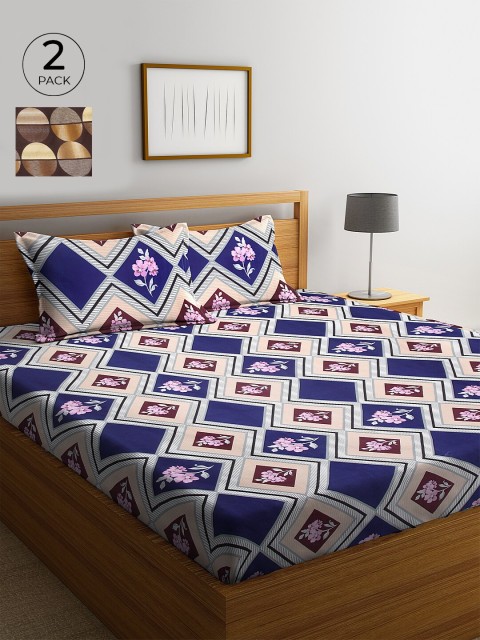 

KLOTTHE Navy Blue & Beige Geometric 210 TC Cotton 2 King Bedsheet with 4 Pillow Covers
