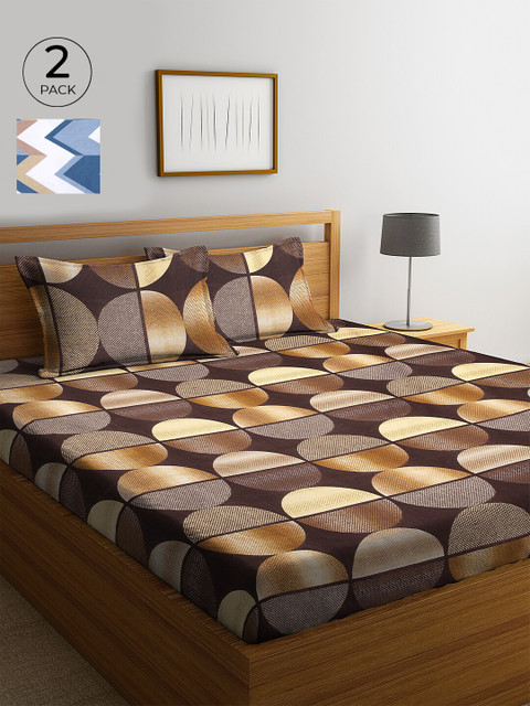 

KLOTTHE White & Brown Geometric 210 TC Cotton 2 King Bedsheet with 4 Pillow Covers