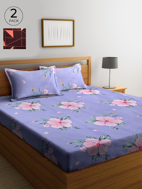 

KLOTTHE Lavender & Pink Floral 210 TC Cotton 2 King Bedsheet with 4 Pillow Covers