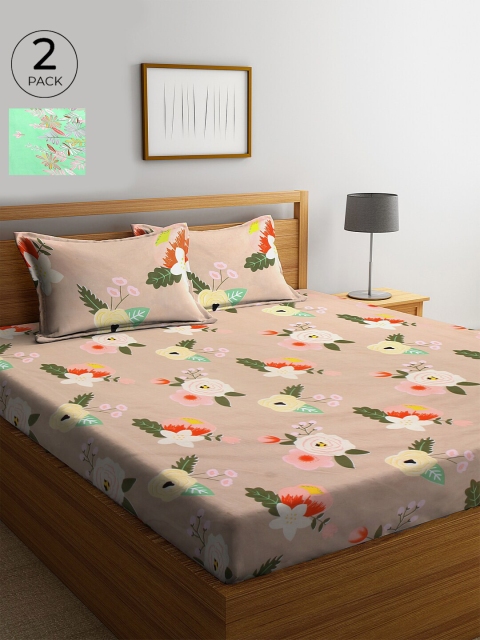 

KLOTTHE Green & Pink Floral 210 TC Cotton 2 King Bedsheet with 4 Pillow Covers