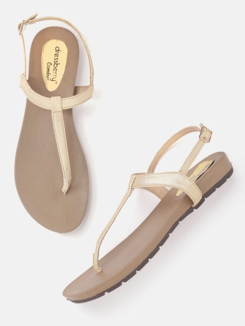 

DressBerry Women Gold-Toned Textured T-Strap Flats with Sheen Effect