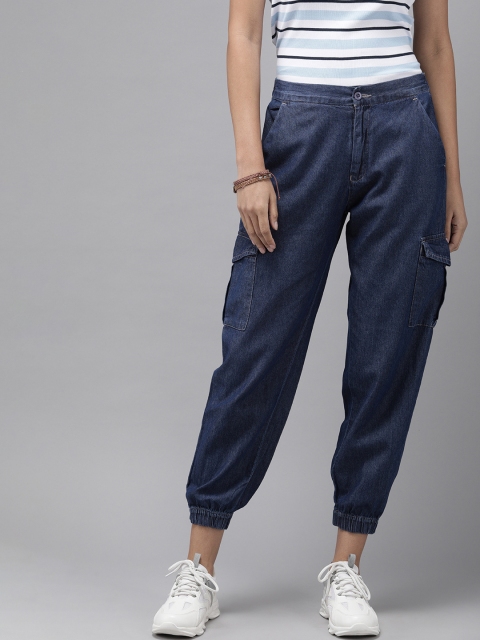 

Roadster Women Navy Blue Cuffed Hem Pure Cotton Cargo-Style Jeans