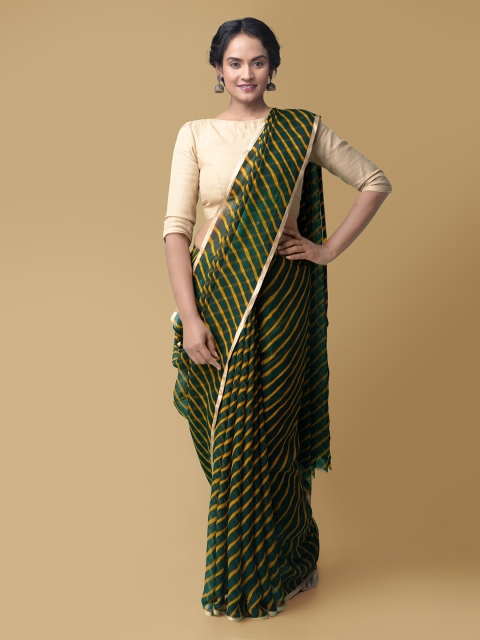 

Unnati Silks Green & Orange Pure Chiffon Striped Baluchari Saree