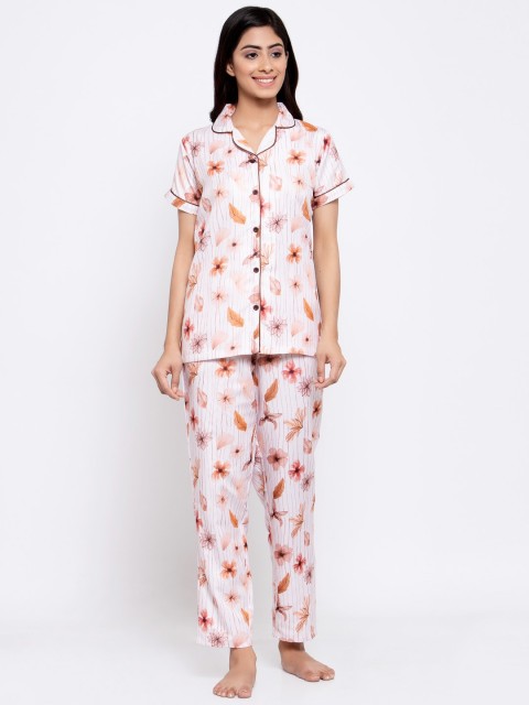 

MAXENCE Women White & Pink Printed Night suit