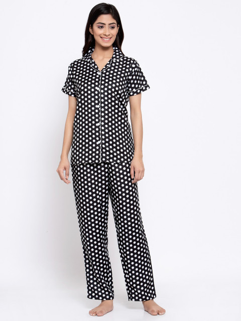 

MAXENCE Women Black & White Printed Night suit