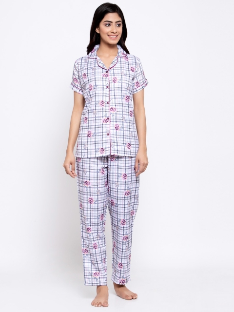 

MAXENCE Women White & Blue Printed Night suit
