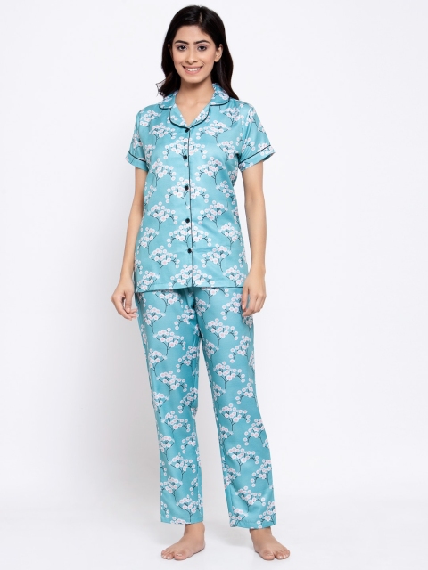 

MAXENCE Women Blue & White Floral Printed Night Suit