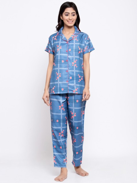 

MAXENCE Women Blue Printed Night suit