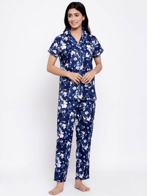 

MAXENCE Women Blue & White Floral Printed Night Suit