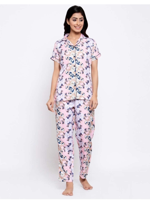 

MAXENCE Women Pink & Blue Printed Night suit
