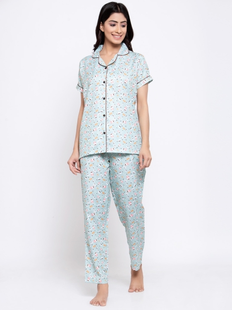 

MAXENCE Women Green & White Printed Night suit