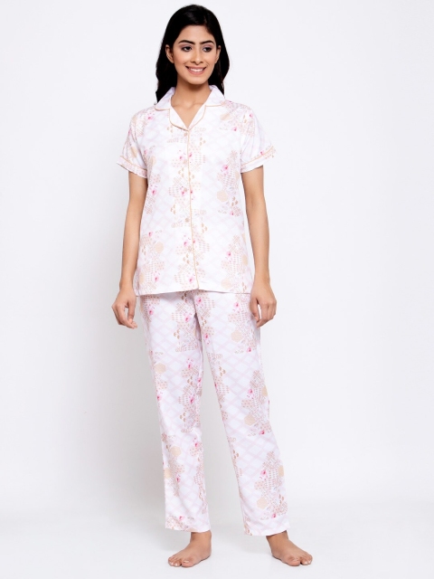 

MAXENCE Women White & Pink Printed Night suit