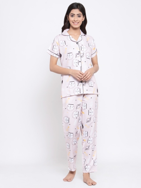 

MAXENCE Women Pink & White Printed Night Suit
