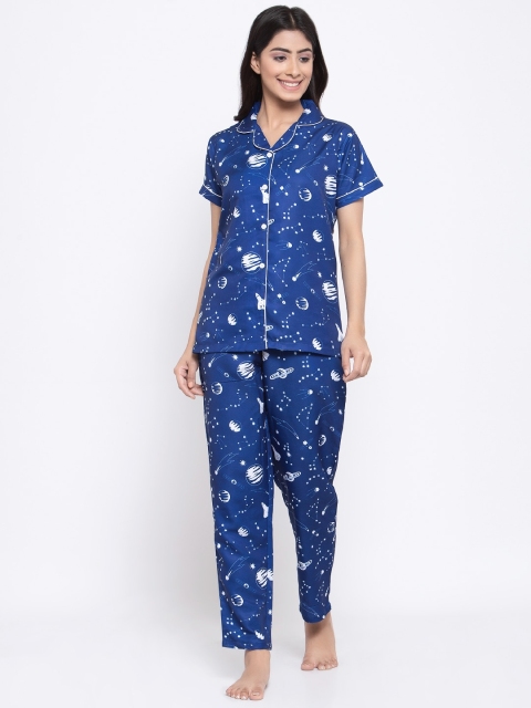 

MAXENCE Women Blue & White Printed Night suit